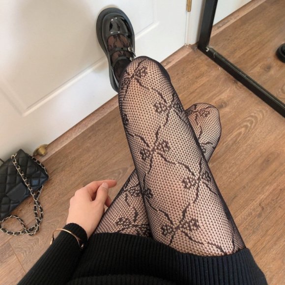 Accessories - Black Lace Bow Jacquard Fishnet Pantyhose Tights